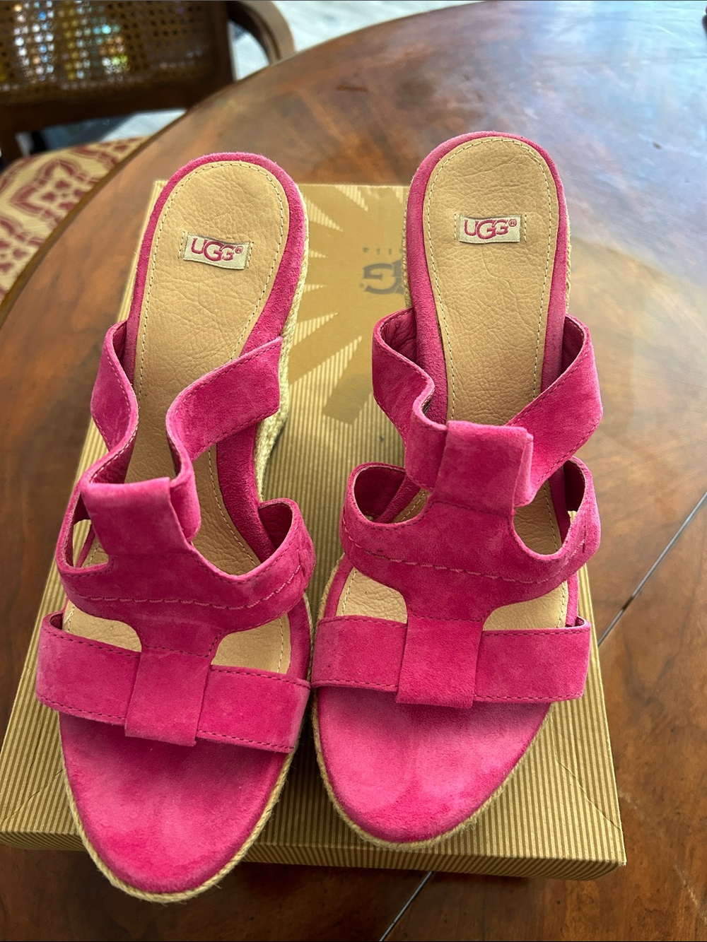 UGG Pink Suede Espadrille Wedge Sandals - Picture 2 of 5